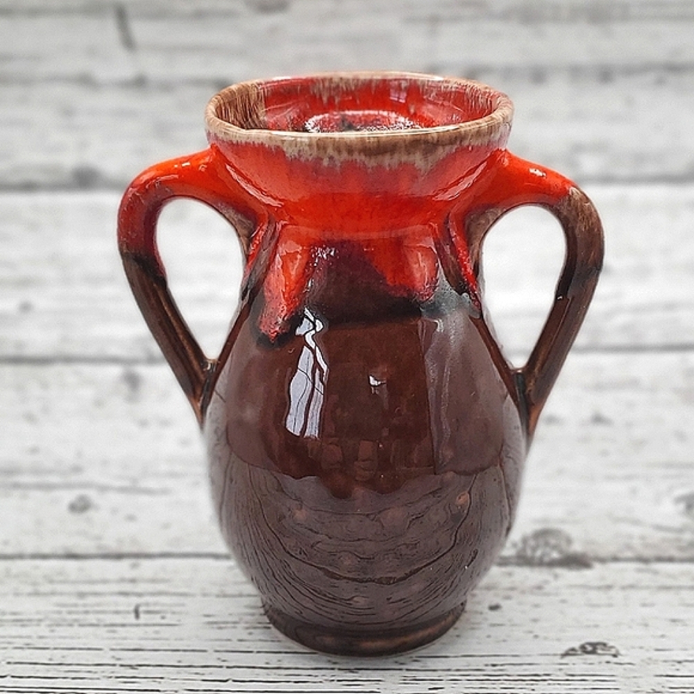 Vintage MCM Orange Brown Drip Glaze Wavy Top Vase 32